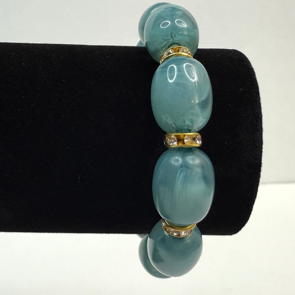 Teal Glass Bead Bracelet Gold Rhinestone Accents Stretch Statement Jewelry Sz 6